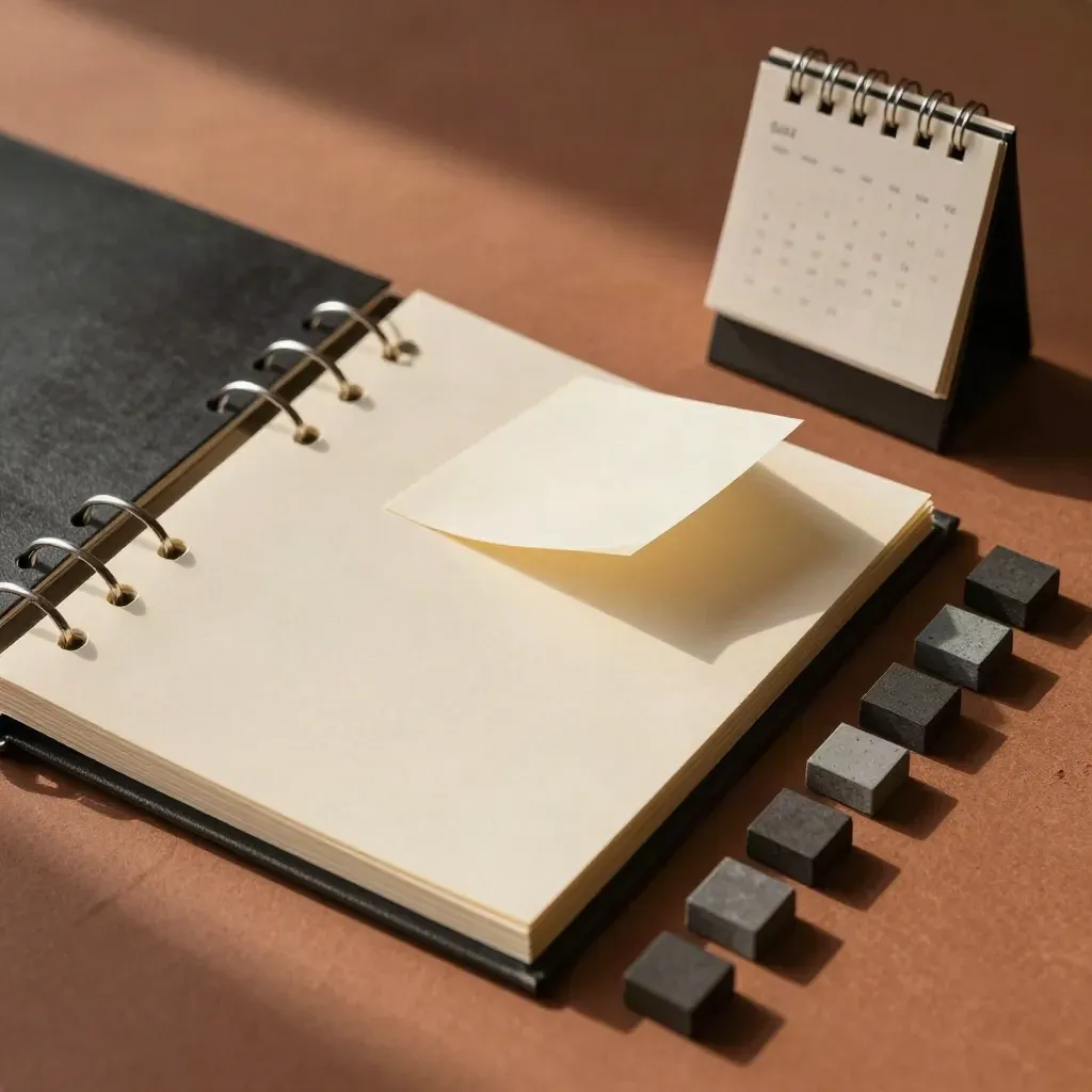 Top-down planning table with binder, cards, calendar block and stones on terracotta surface.