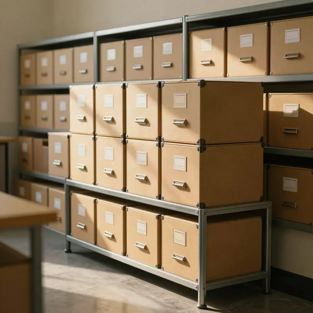 Archive boxes in a sunlit municipal records room with tidy filing shelves