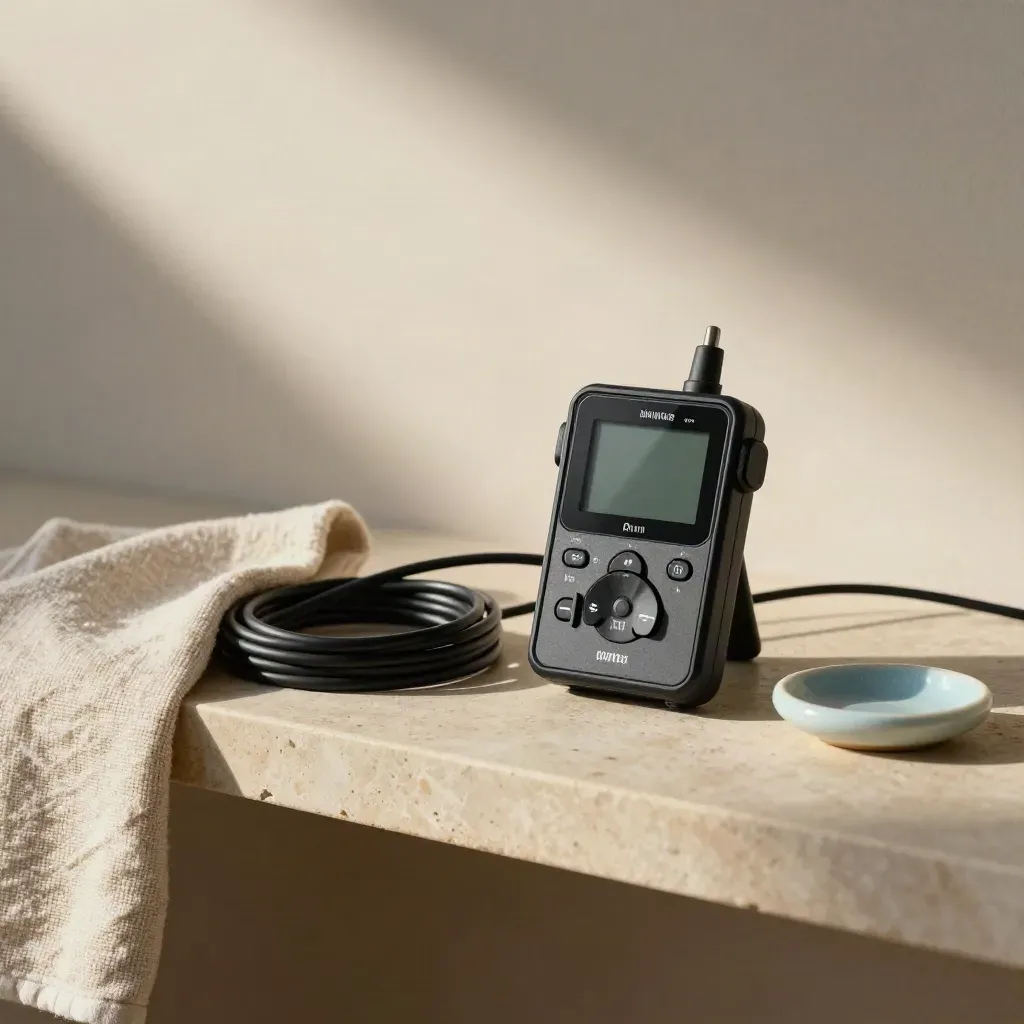Power monitor with coiled cable, tea towel and stone dish on pale limestone.