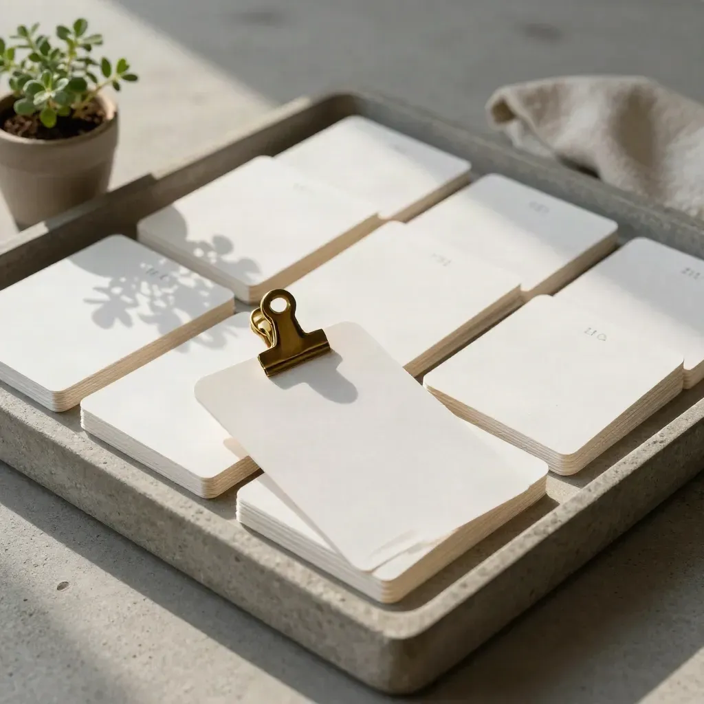 Milestone cards, brass clip, and potted herb in a stone tray on concrete